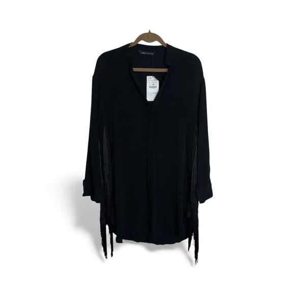 Zara Black Fringed Sleeve Blouse Tunic Dress Large - Picture 1 of 12